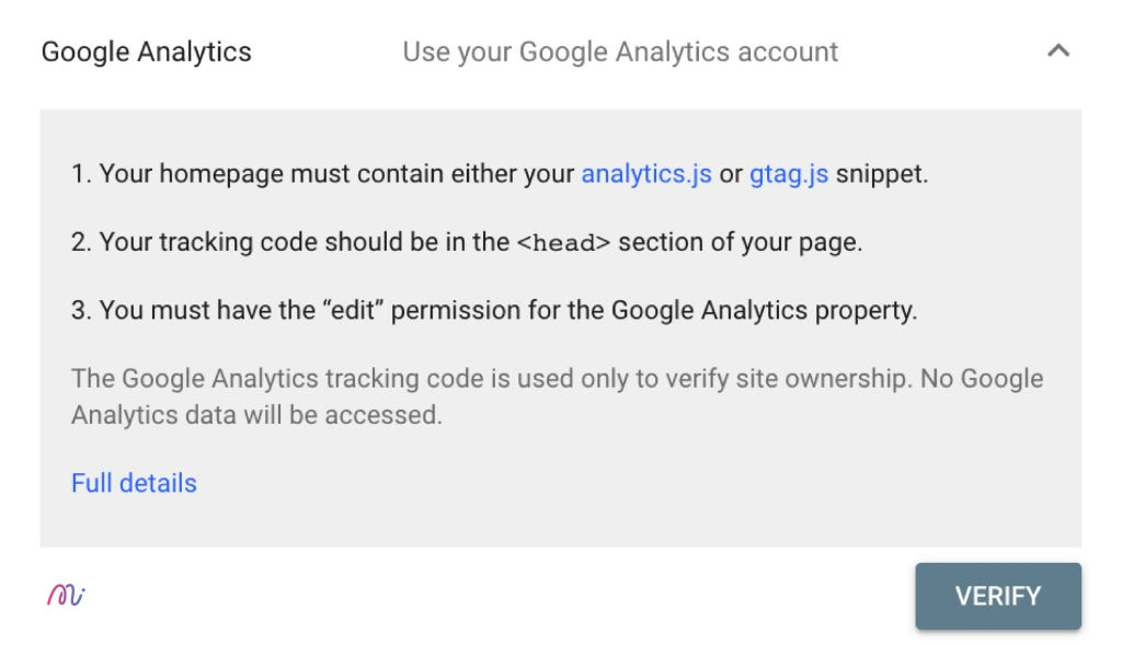 Verify ด้วย Google Analytics