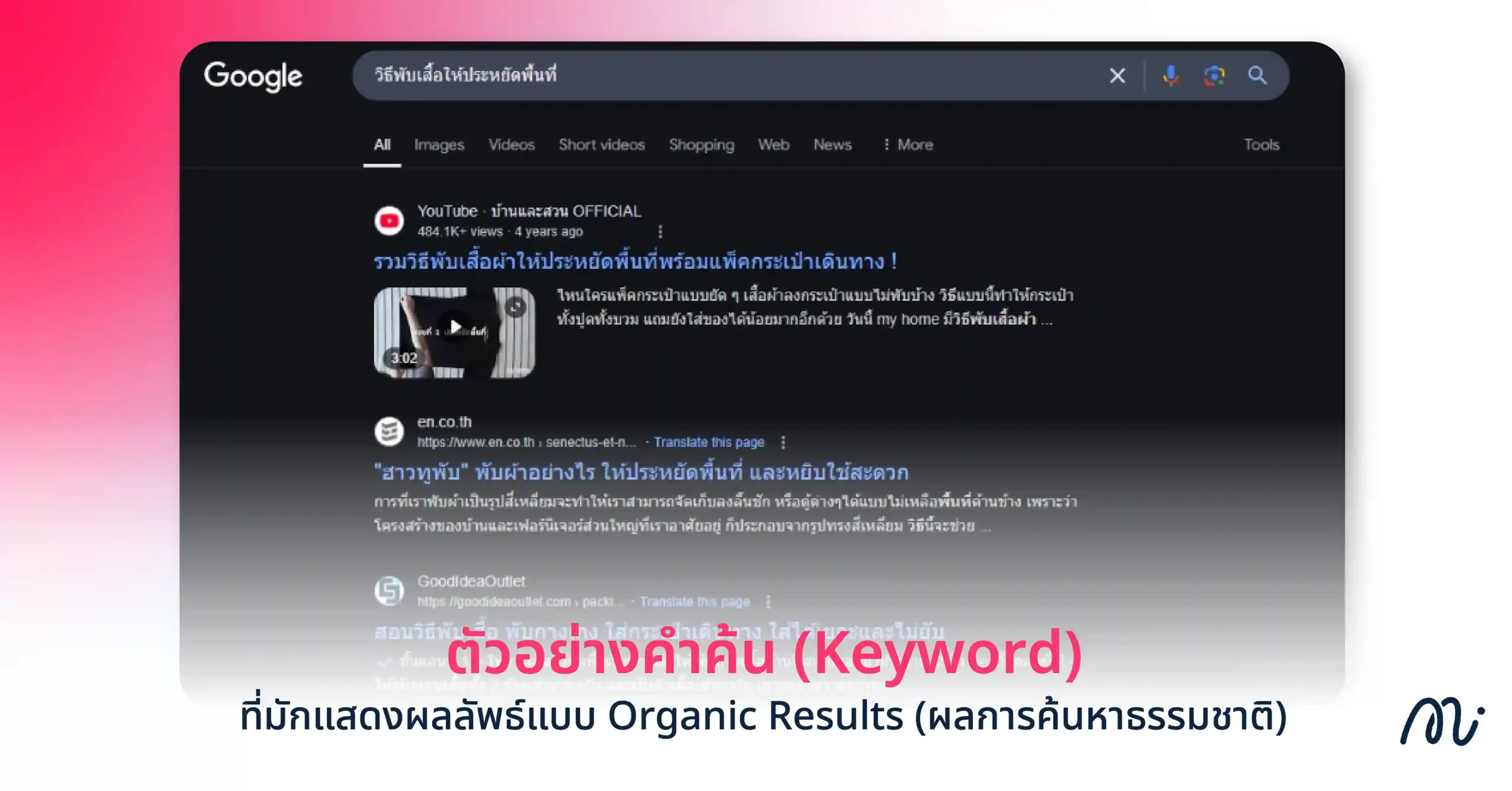 ตัวอย่างคำค้น (Keyword) ที่มักแสดงผลลัพธ์แบบ Organic Results