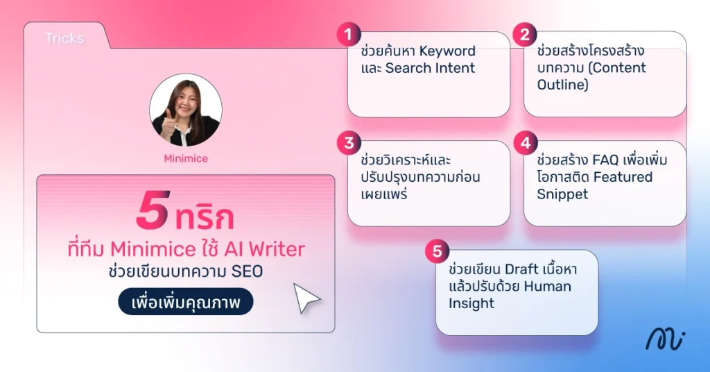 5 ทริกที่ทีม Minimice ใช้ AI Writer ช่วยเขียนบทความ SEO เพื่อเพิ่มคุณภาพ